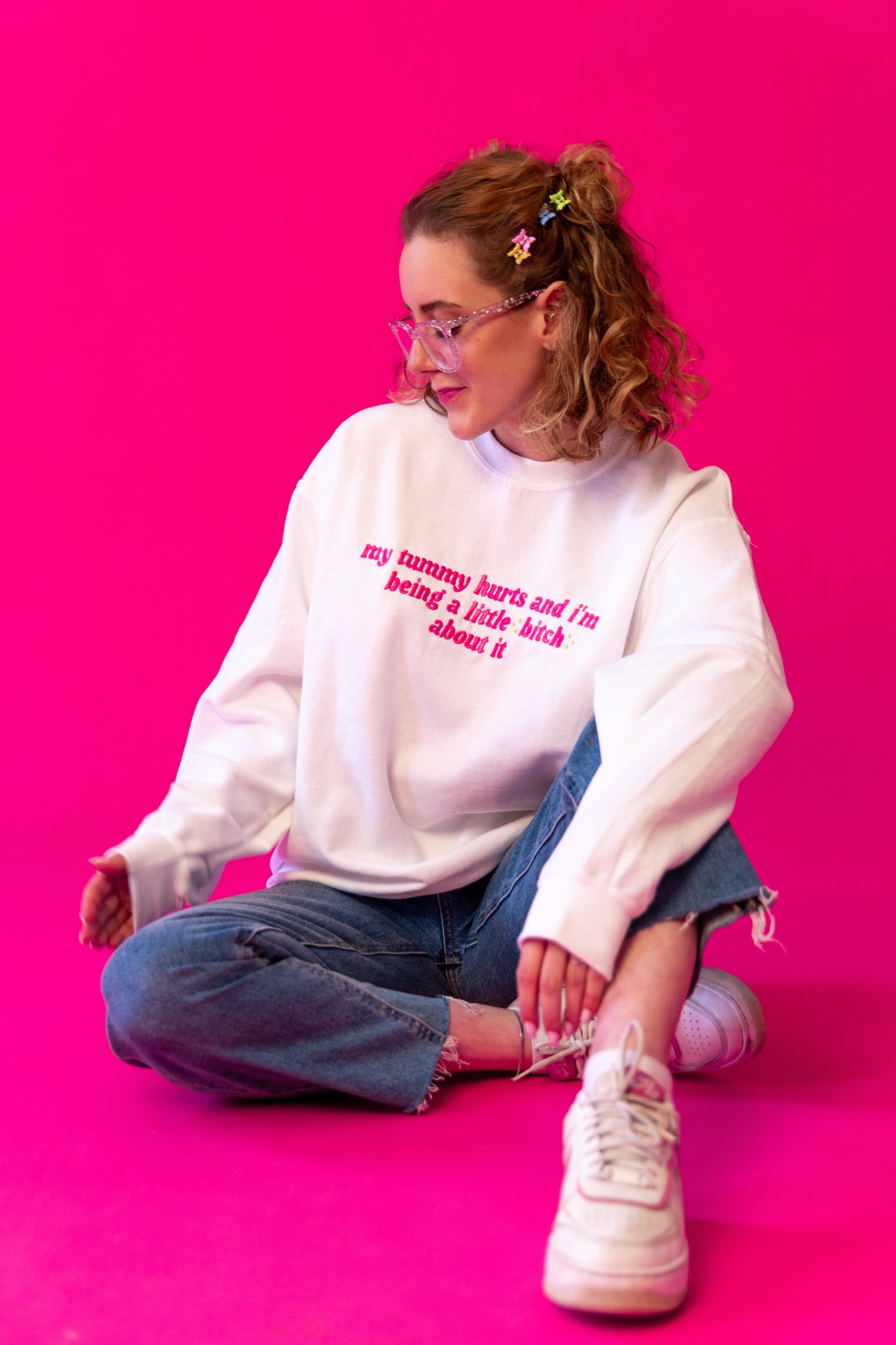 My Tummy Hurts And I’m Being A Little B About It embroidered crewneck sweatshirt