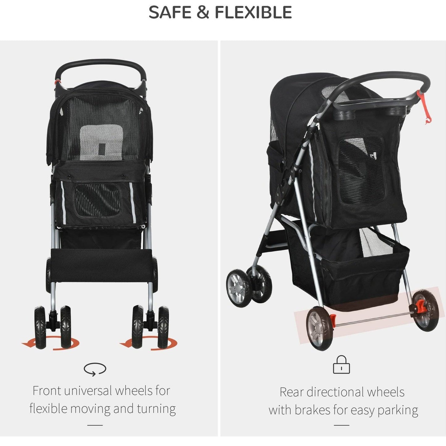 PawHut Pet Stroller for Small Miniature Dogs Cats Foldable Travel Carriage with Wheels Zipper Entry Cup Holder Storage Basket Black