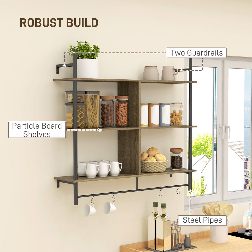 HOMCOM Wall Shelf Unit with 4 Hooks for Living Room Grey Wood Effect