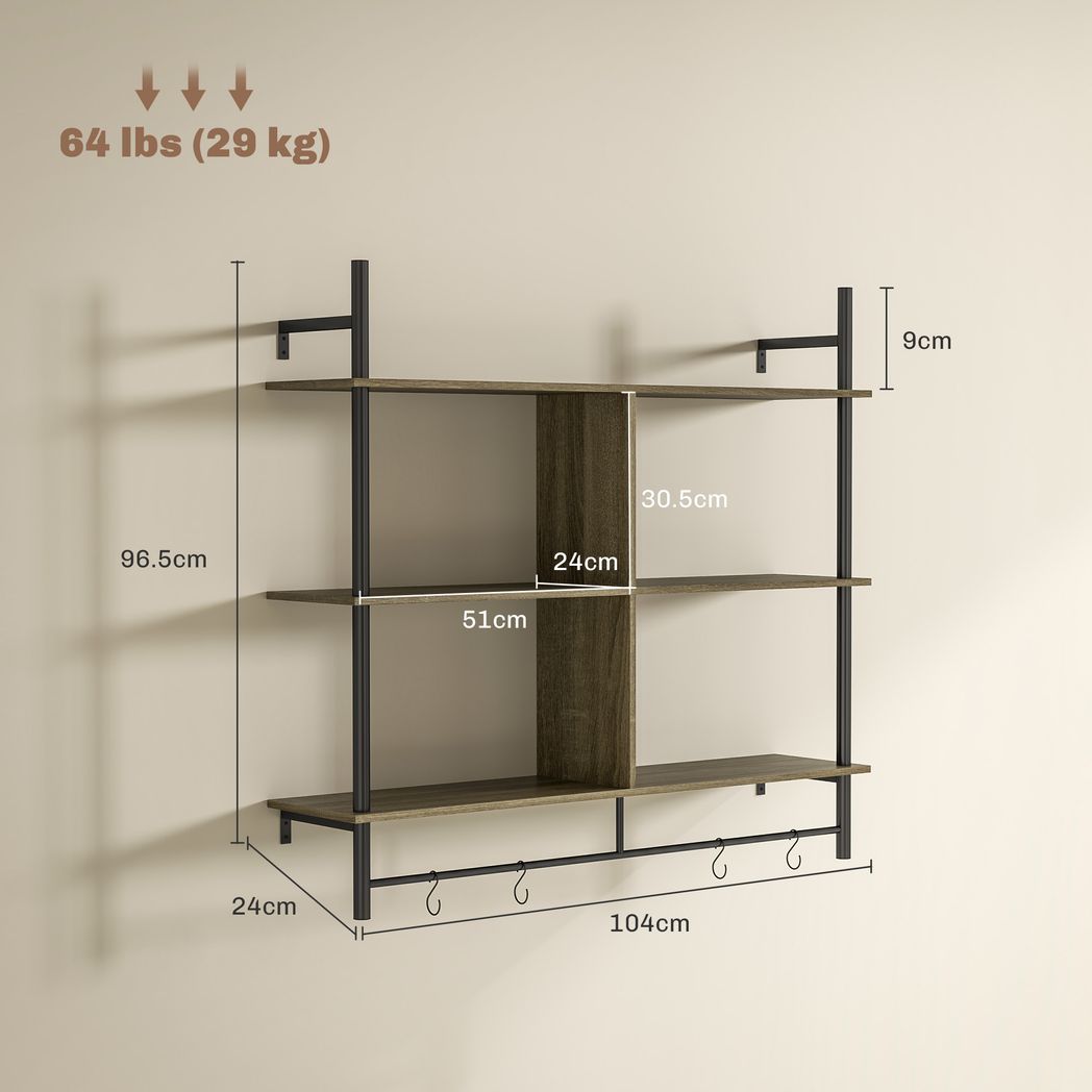 HOMCOM Wall Shelf Unit with 4 Hooks for Living Room Grey Wood Effect