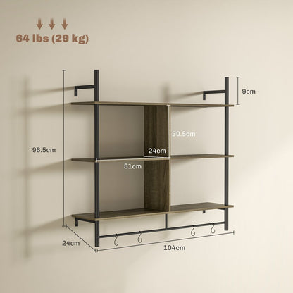 HOMCOM Wall Shelf Unit with 4 Hooks for Living Room Grey Wood Effect