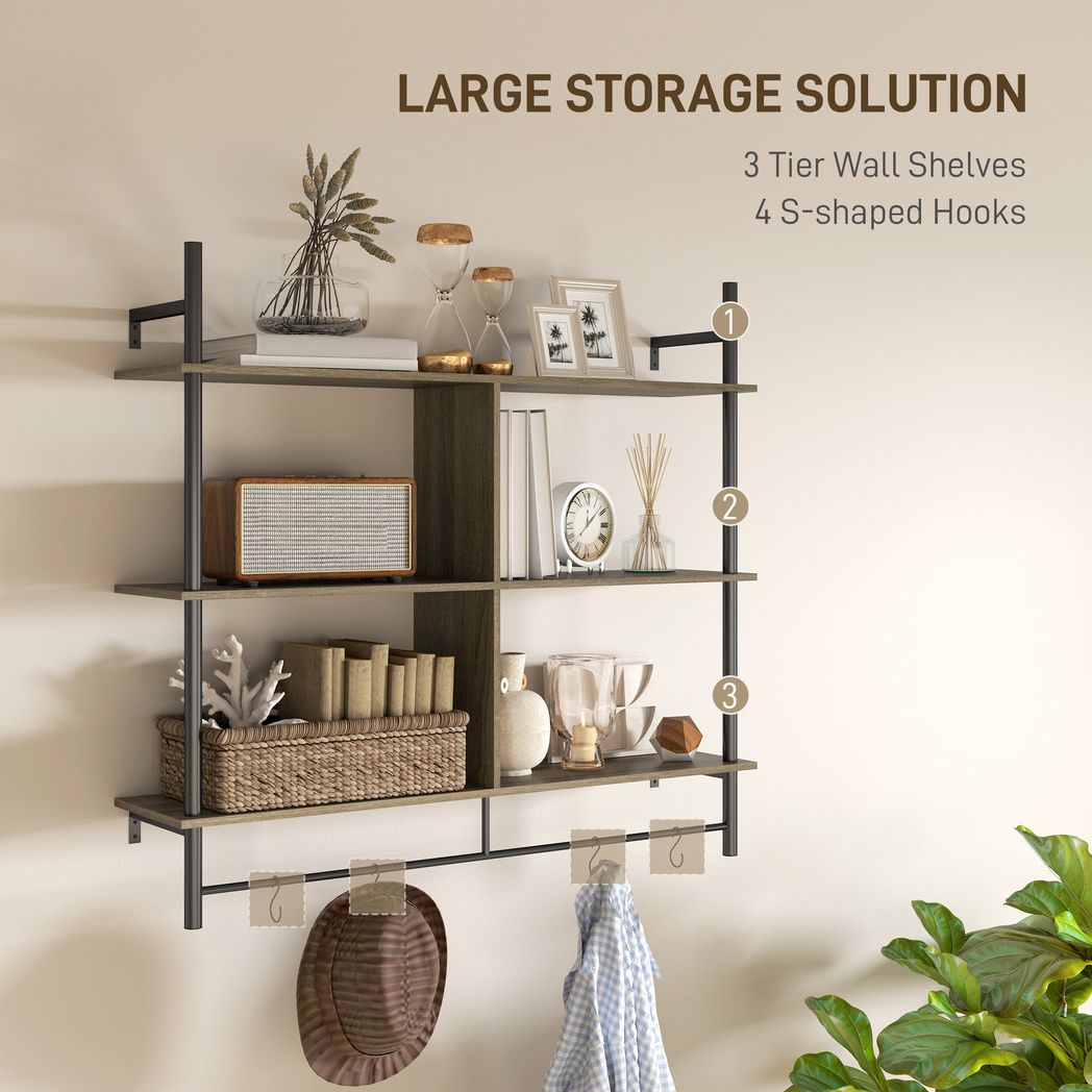 HOMCOM Wall Shelf Unit with 4 Hooks for Living Room Grey Wood Effect