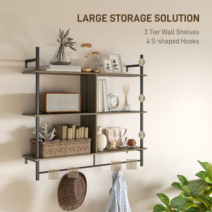 HOMCOM Wall Shelf Unit with 4 Hooks for Living Room Grey Wood Effect