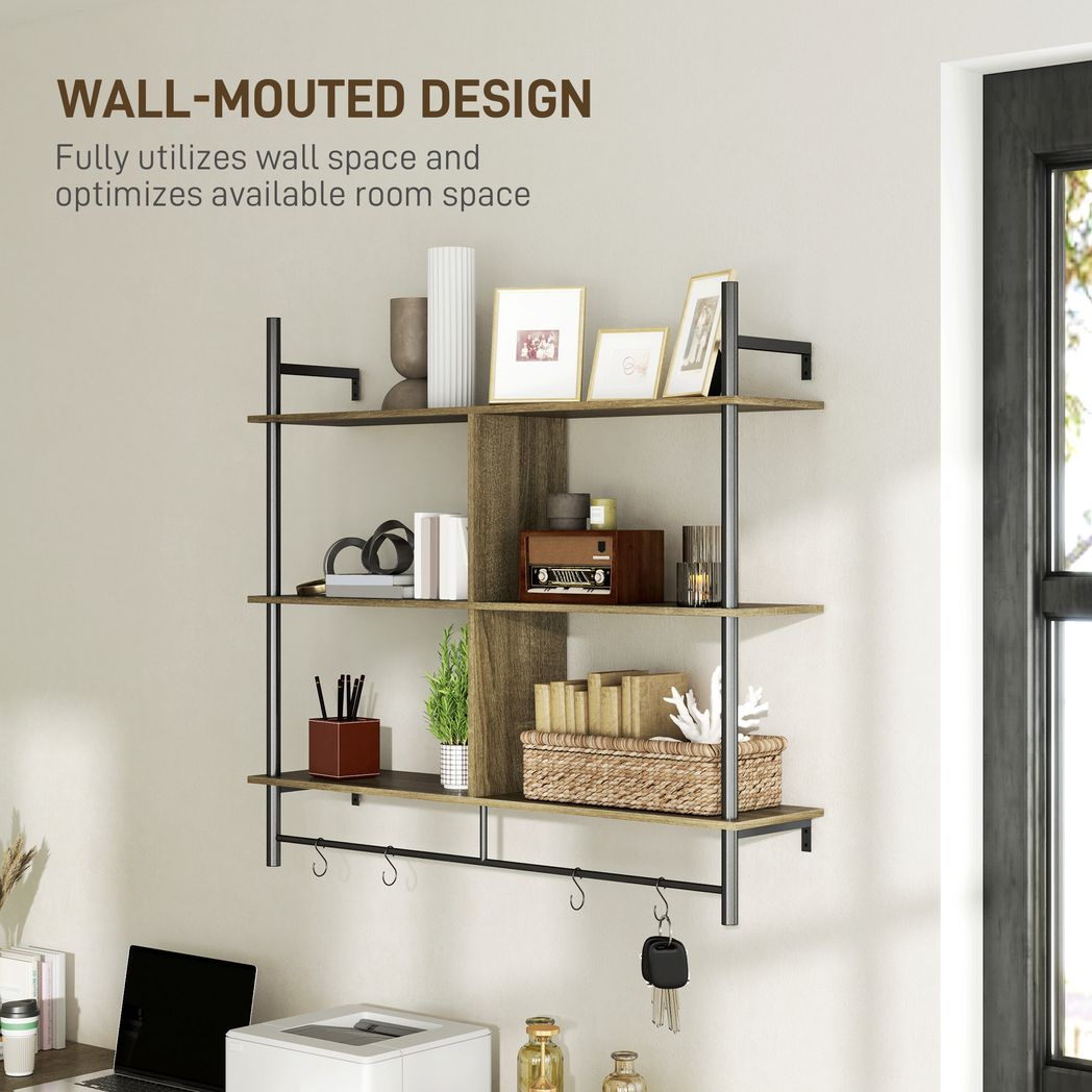 HOMCOM Wall Shelf Unit with 4 Hooks for Living Room Grey Wood Effect