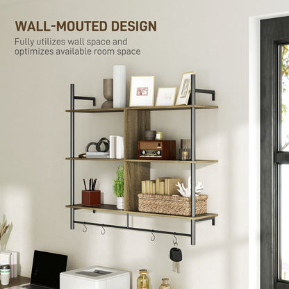 HOMCOM Wall Shelf Unit with 4 Hooks for Living Room Grey Wood Effect