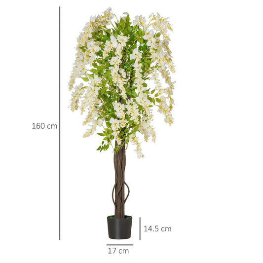 Artificial Realistic White Wisteria Tree Faux Decorative Plant in Nursery Pot for Indoor Outdoor Décor