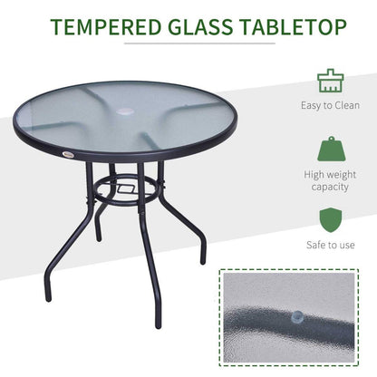Outdoor 80cm Round Dining Table Tempered Glass Top Steel Frame Bistro Coffee End Side Table Garden w/ Parasol Hole