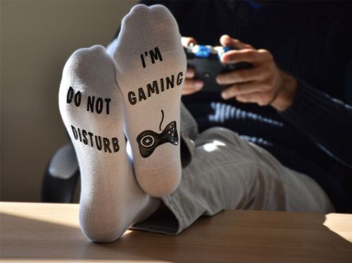 Do Not Disturb, I'm Gaming' Funny Ankle Gamer Socks , Black, White, Grey & Blue