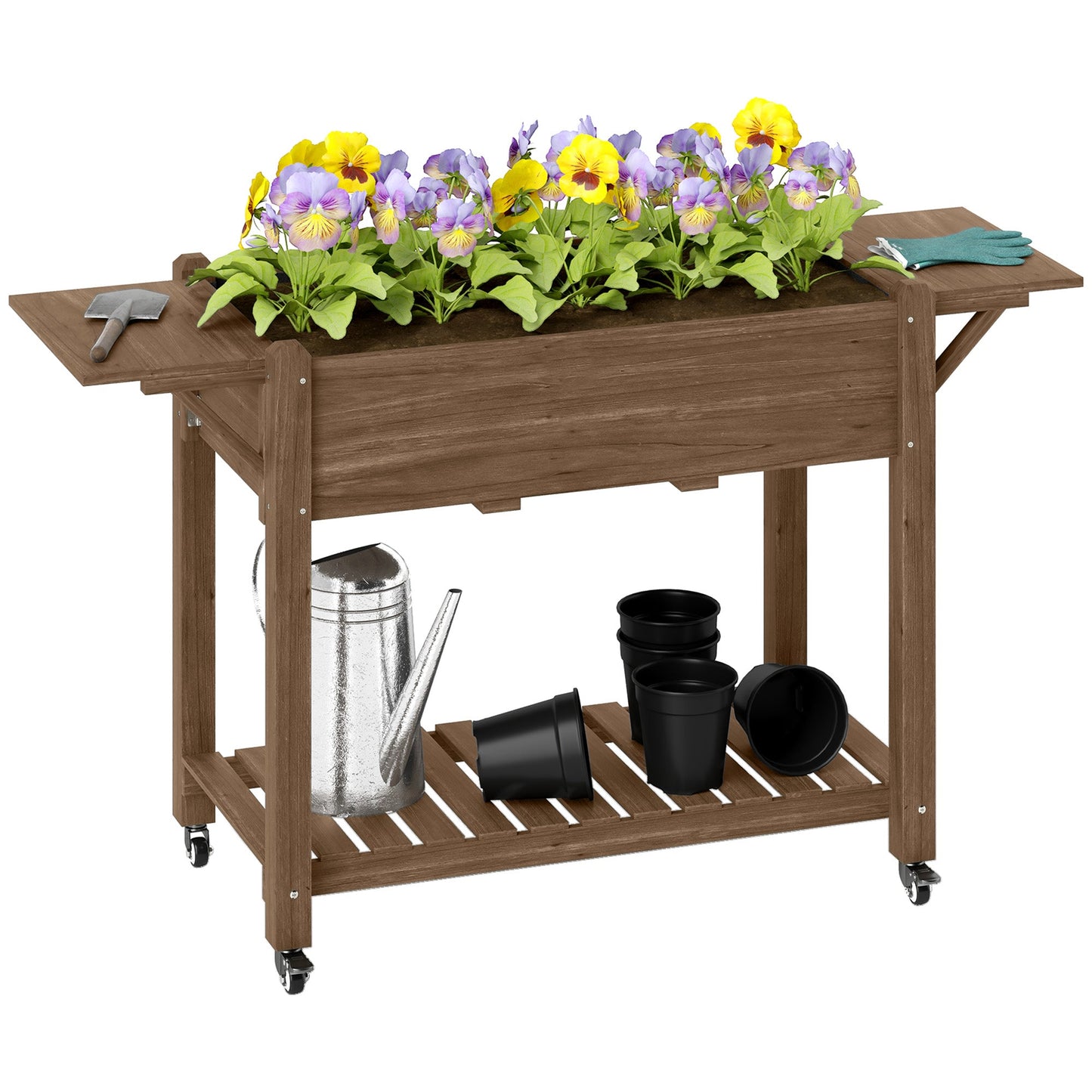 Outsunny Wooden Raised Planter with Lockable Wheels, Liner