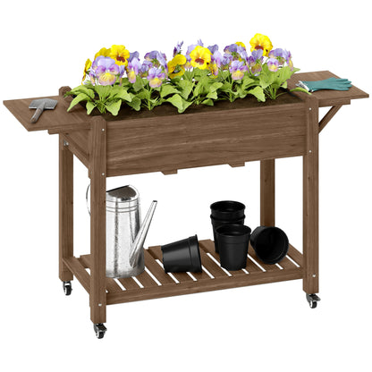 Outsunny Wooden Raised Planter with Lockable Wheels, Liner
