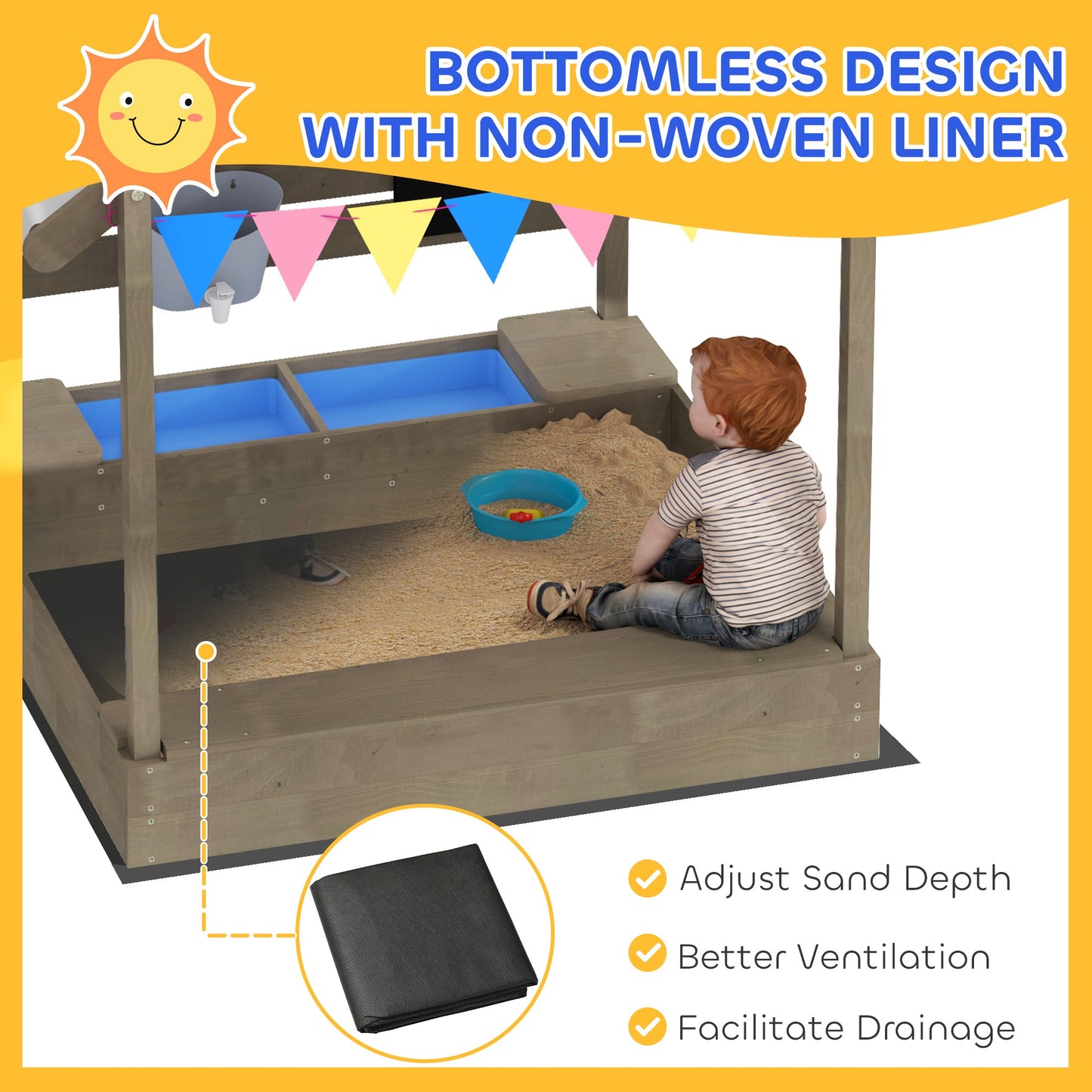 Outsunny Sand Pit with Canopy, Blackboard, Toys, Sink, Seats, Flags for Kids