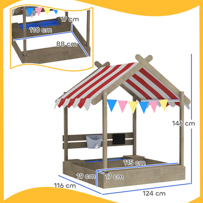 Outsunny Sand Pit with Canopy, Blackboard, Toys, Sink, Seats, Flags for Kids