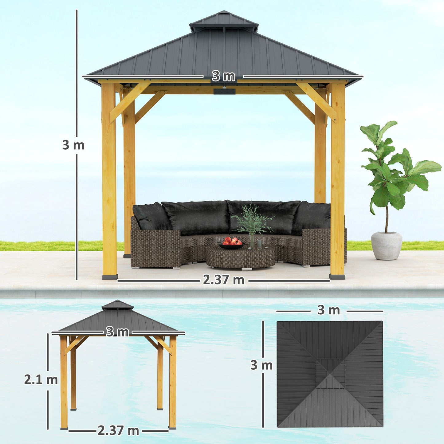 Outsunny 3x(3)M Double-Tier Hardtop Gazebo, Outdoor Patio Shelter