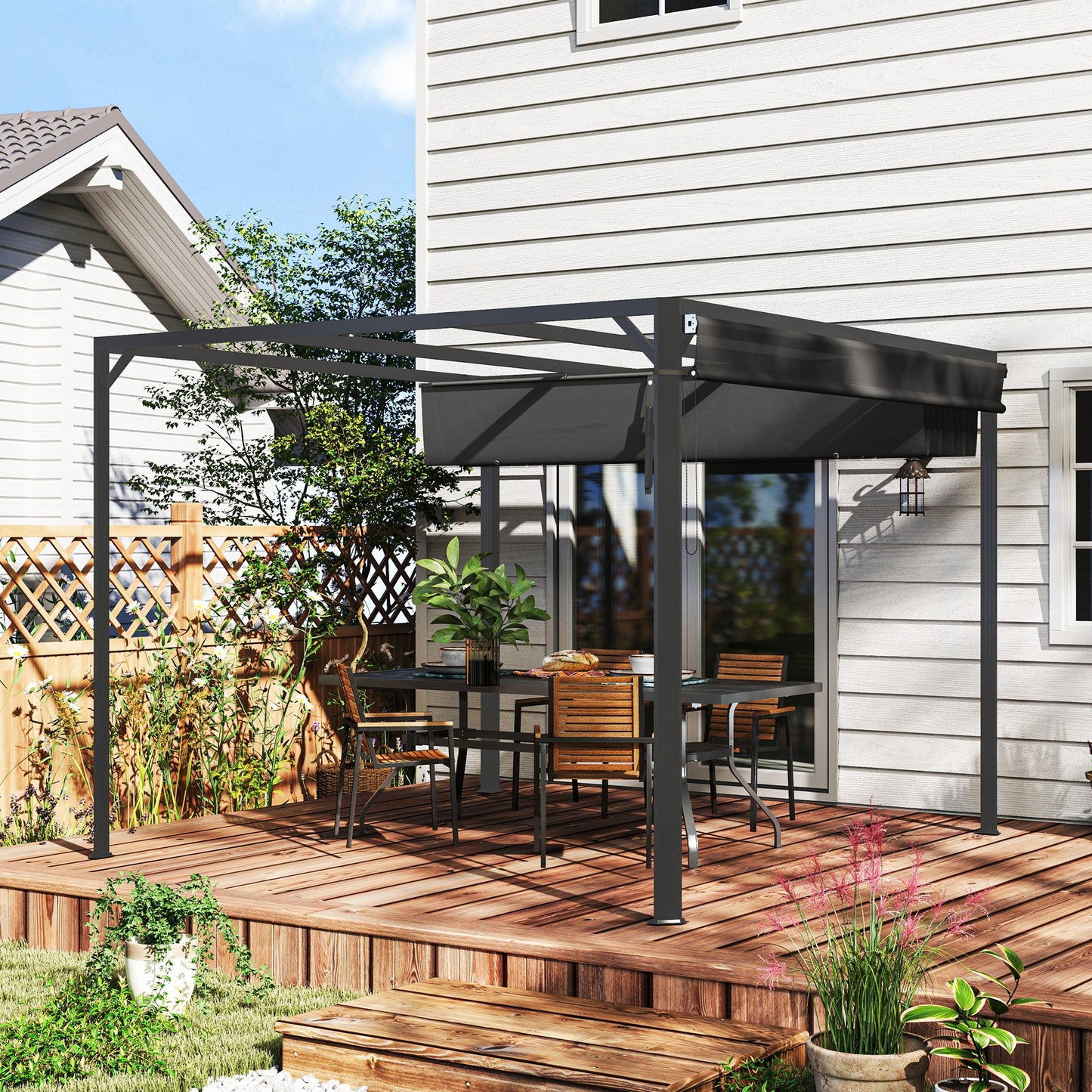 Outsunny 3 x 3(m) Pergola with Retractable Roof & Roller Shade