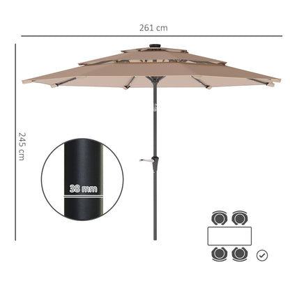 Outsunny 3-Tier Garden Parasol w/ Solar LED Lights, Tilt, Crank Handle
