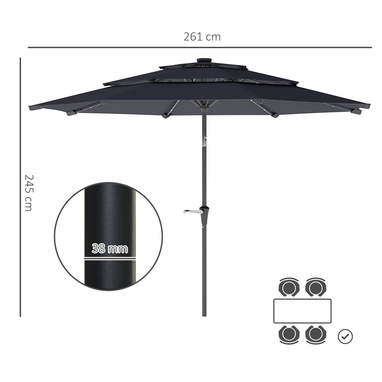 Outsunny 3-Tier Garden Parasol w/ Solar LED Lights, Tilt, Crank Handle