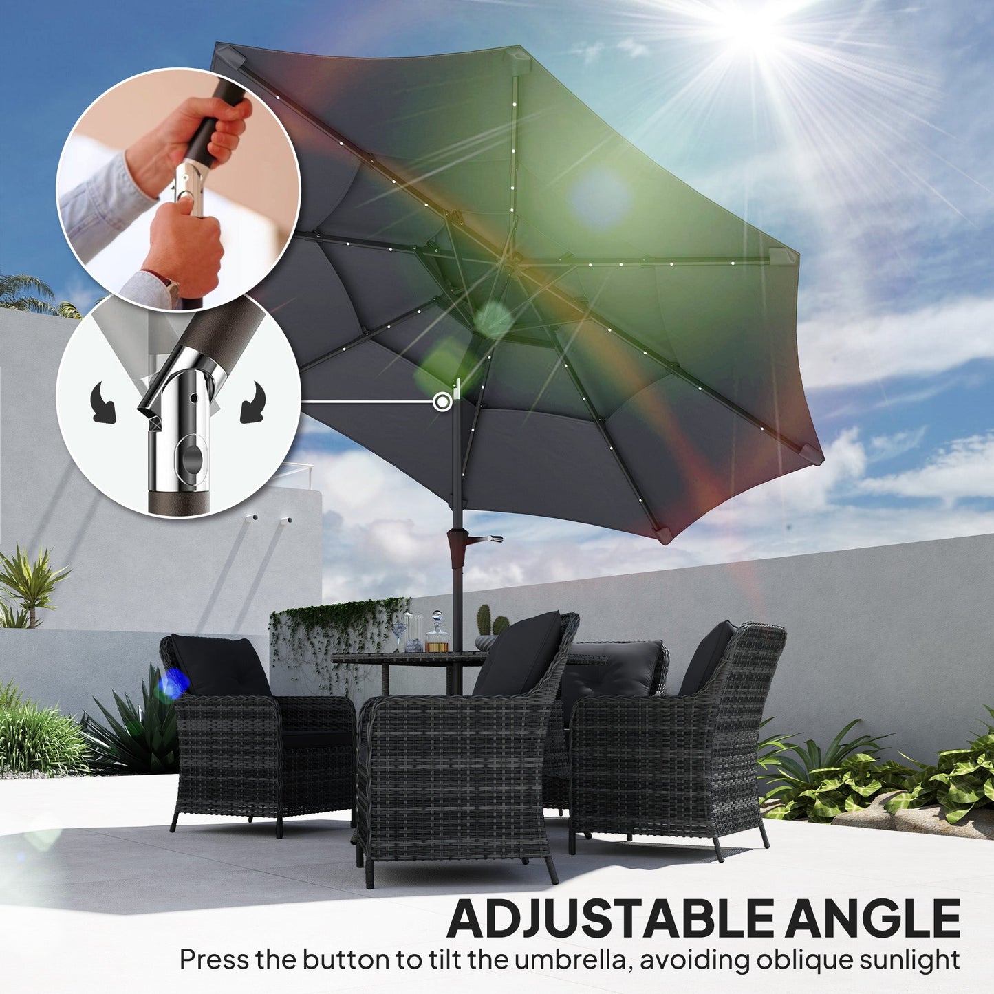 Outsunny 3-Tier Garden Parasol w/ Solar LED Lights, Tilt, Crank Handle