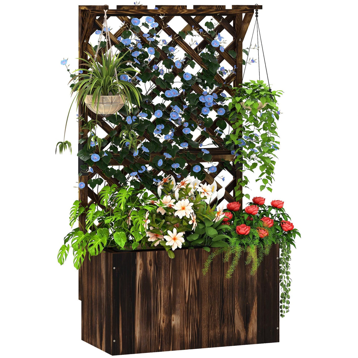 Outsunny Wooden Planter with Trellis and Drainage Holes