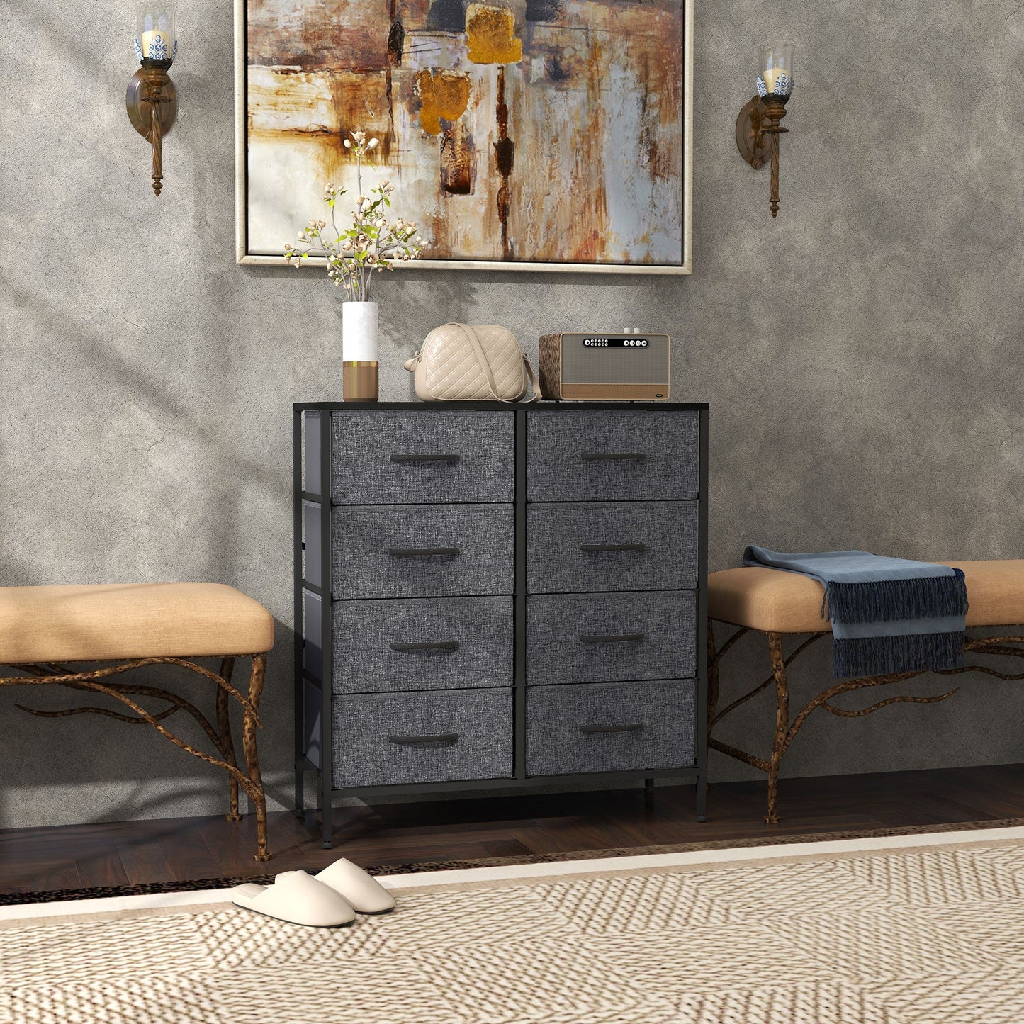 HOMCOM 8 Drawer Fabric Chest of Drawers w/ Wooden Top for Hallway