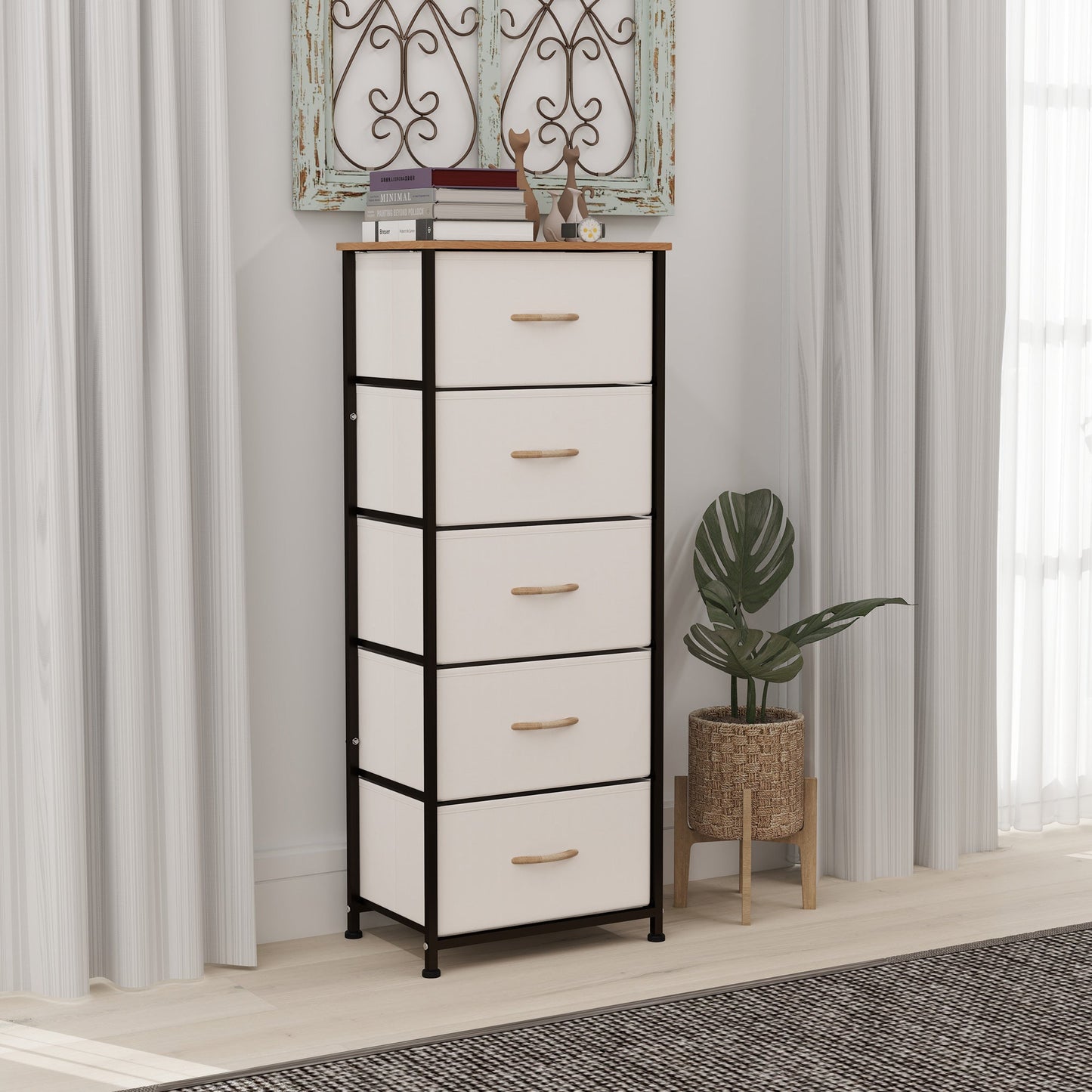 HOMCOM 5 Drawer Fabric Chest of Drawers w/ Wooden Top for Hallway