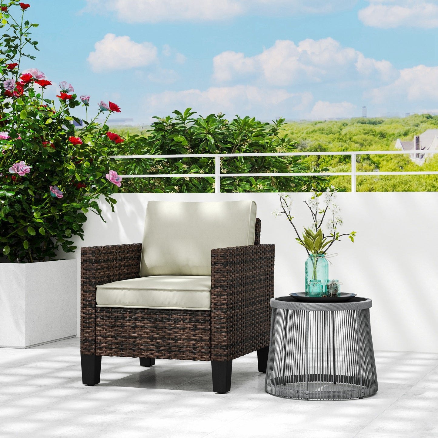 Outsunny Single Rattan Chair, Garden Armchair with Cushions