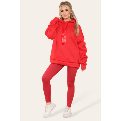 Stylish Plus Size Ruched Sleeve Hoodie with Satin Ribbon - Comfortable & Warm