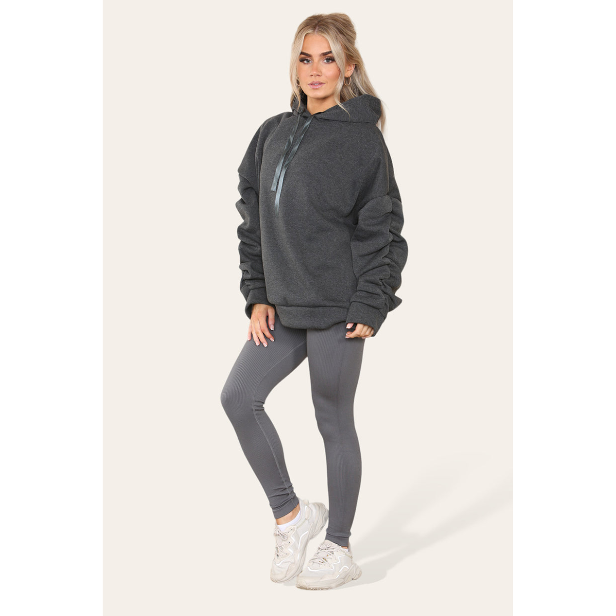 Stylish Plus Size Ruched Sleeve Hoodie with Satin Ribbon - Comfortable & Warm
