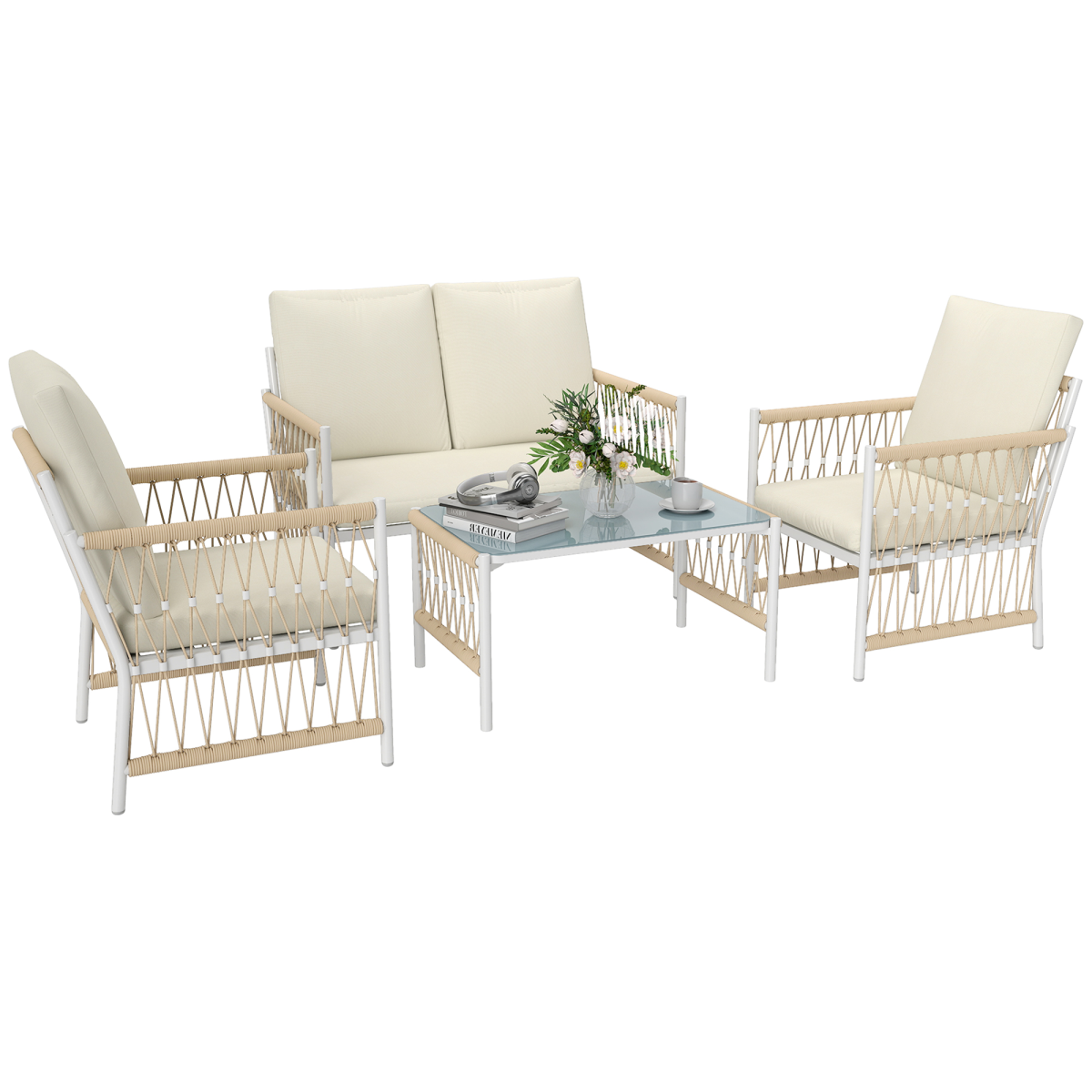 Outsunny 4 Seater Rattan Garden Sofa Set with Glass Top Coffee Table