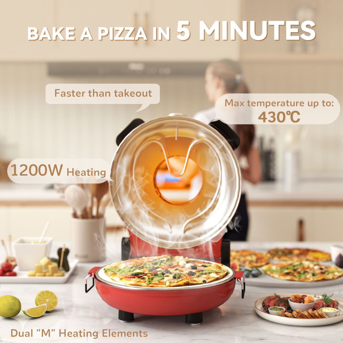 HOMCOM 1200W Pizza Oven, Pizza Maker, 5-Min Crisp, Dual Knob Control