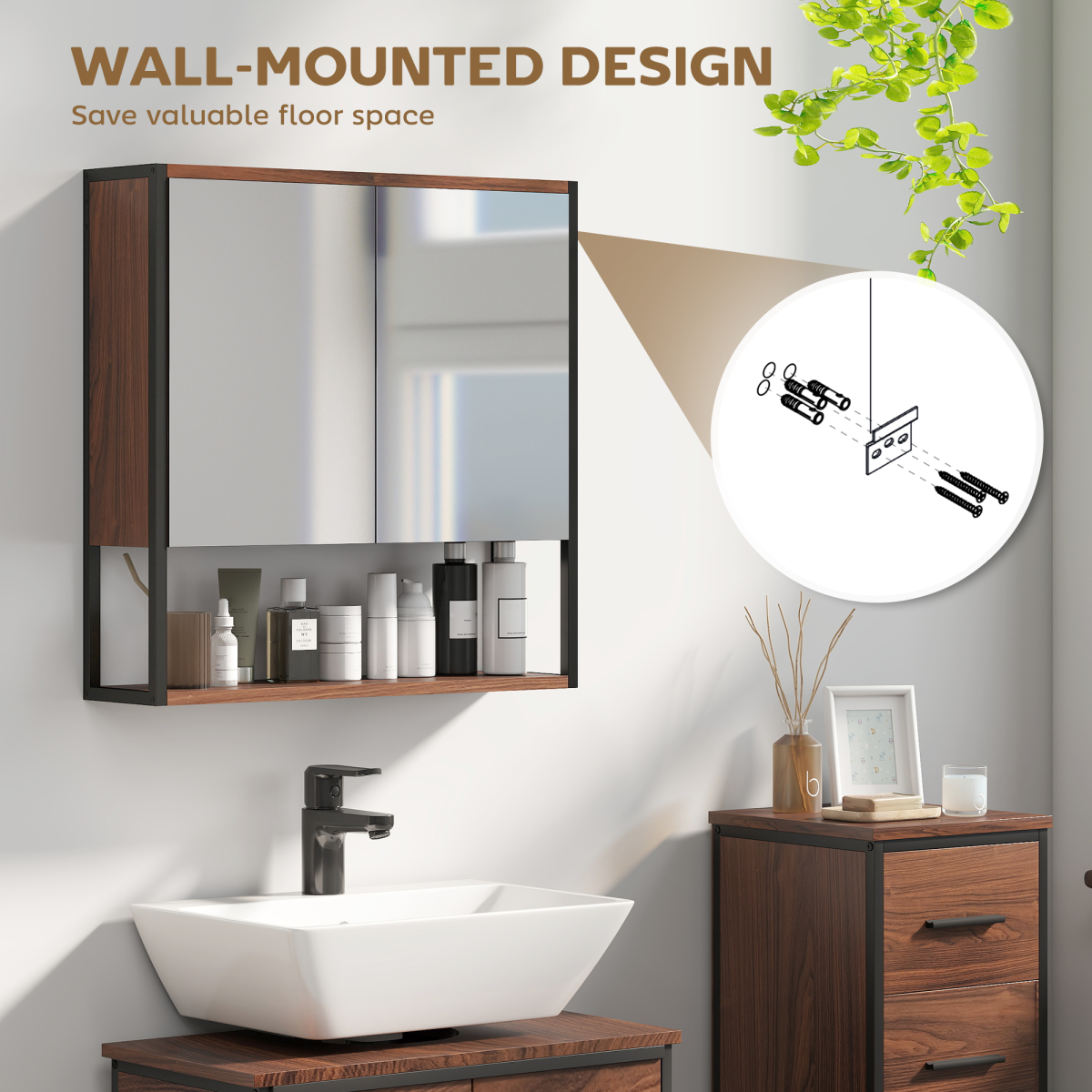 HOMCOM Industrial Bathroom Cabinet with 2 Mirrored Doors Open Shelf