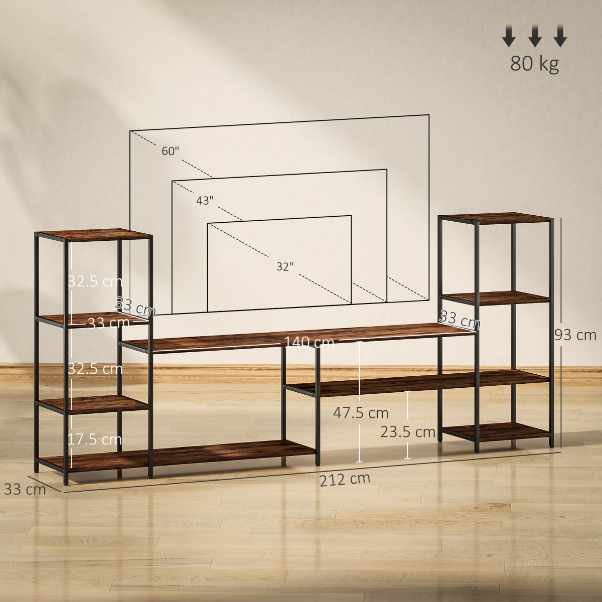 HOMCOM TV Unit for TVs up to 60 Inches, Industrial TV Stand with Shelves