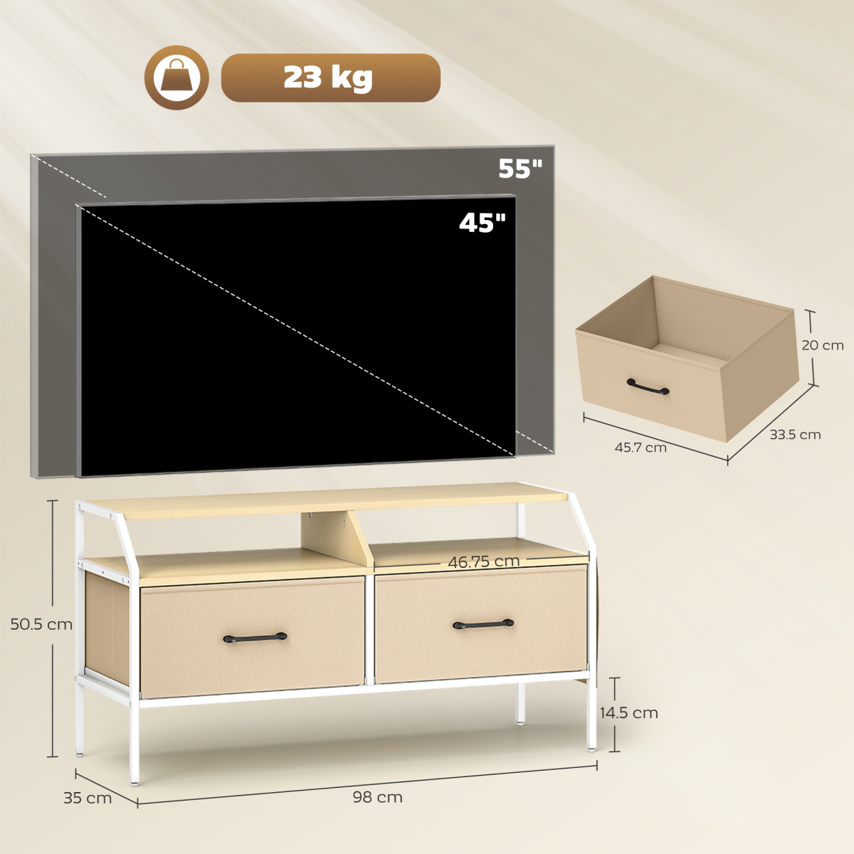 HOMCOM TV Stand Cabinet with 2 Foldable Drawers