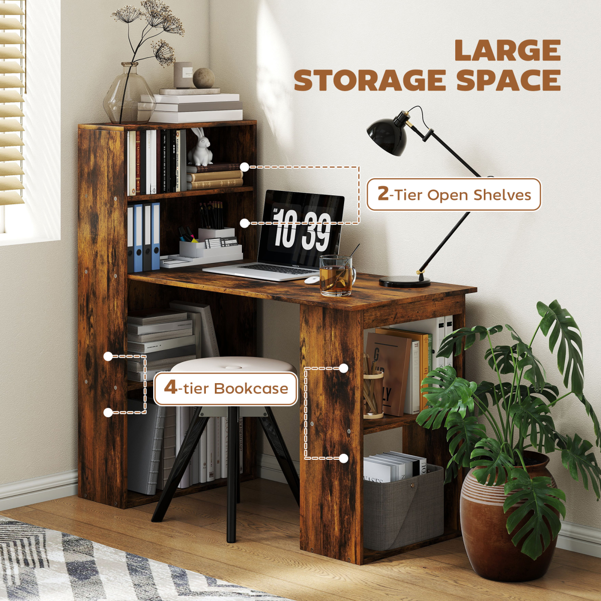 HOMCOM 120cm Computer Desk Bookshelf Writing Table 6 Shelves Brown