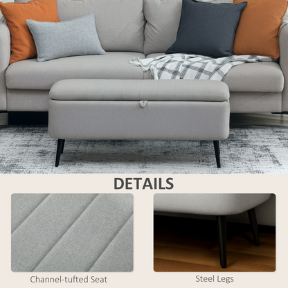 HOMCOM Storage Ottoman Bench, Linen Fabric Footstool with Steel Legs Blue