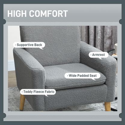 HOMCOM Modern Accent Chair with Wood Legs, Wide Seat, Teddy Armchair, Grey