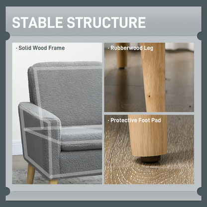 HOMCOM Modern Accent Chair with Wood Legs, Wide Seat, Teddy Armchair, Grey