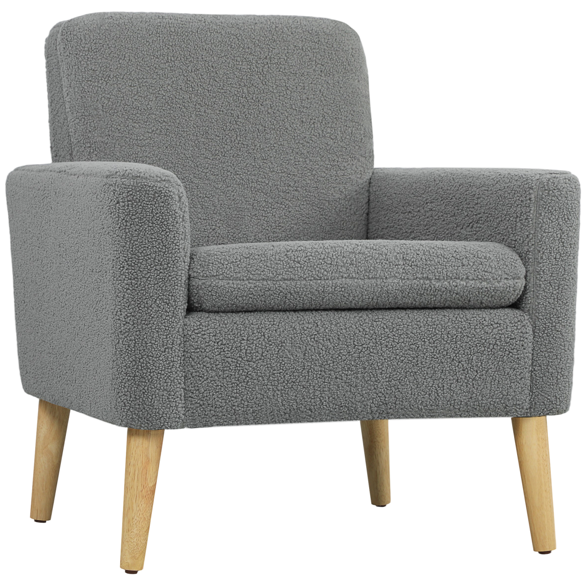 HOMCOM Modern Accent Chair with Wood Legs, Wide Seat, Teddy Armchair, Grey