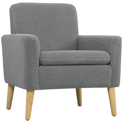 HOMCOM Modern Accent Chair with Wood Legs, Wide Seat, Teddy Armchair, Grey