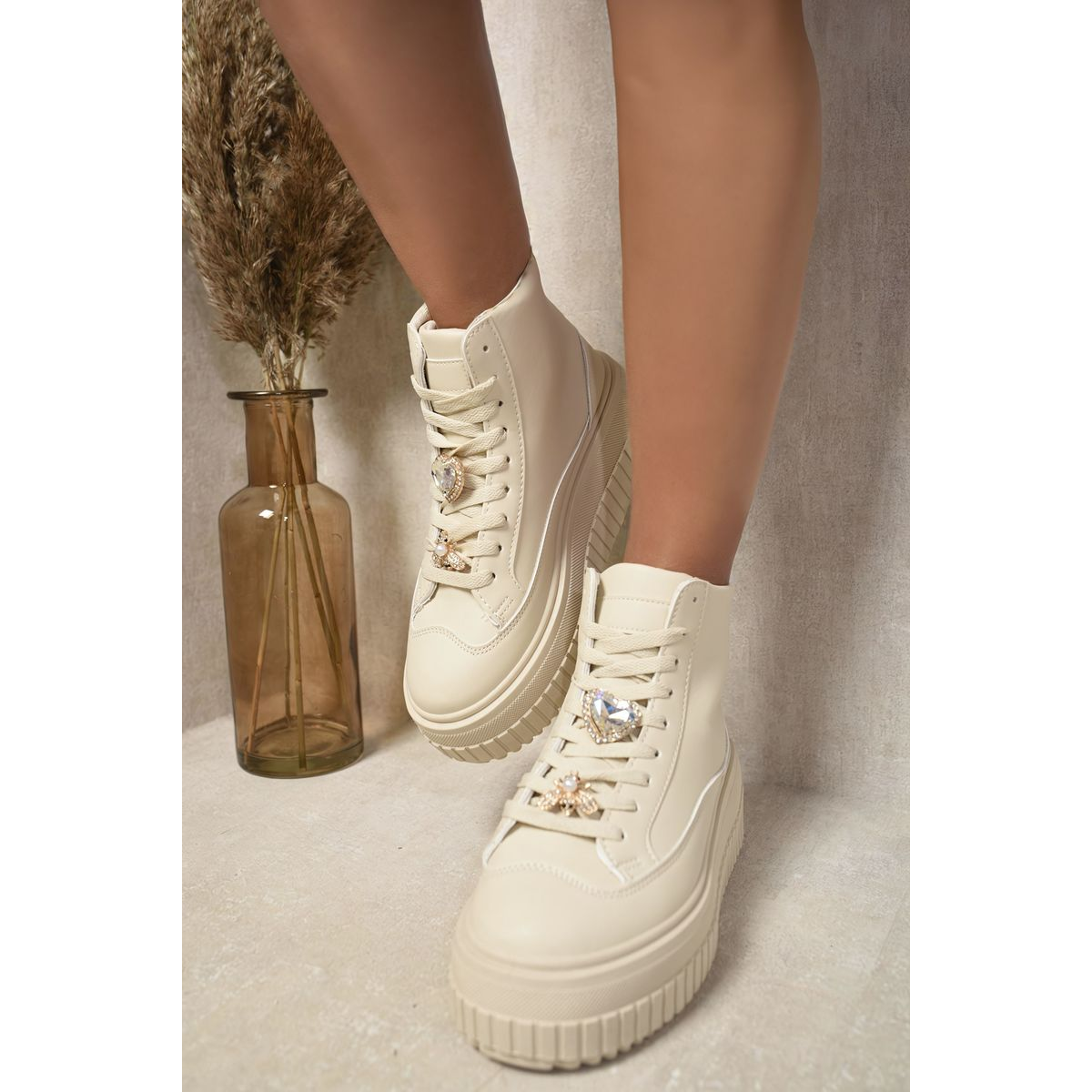 Lace Up High Top Platform Trainers with Decorative Details