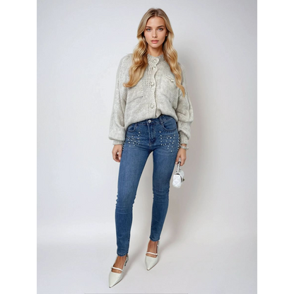 Rhinestone Embellished Skinny Fit Mid Rise Jeans