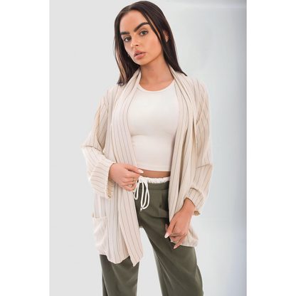 Oversized Striped Long Sleeve Cardigan with Pockets