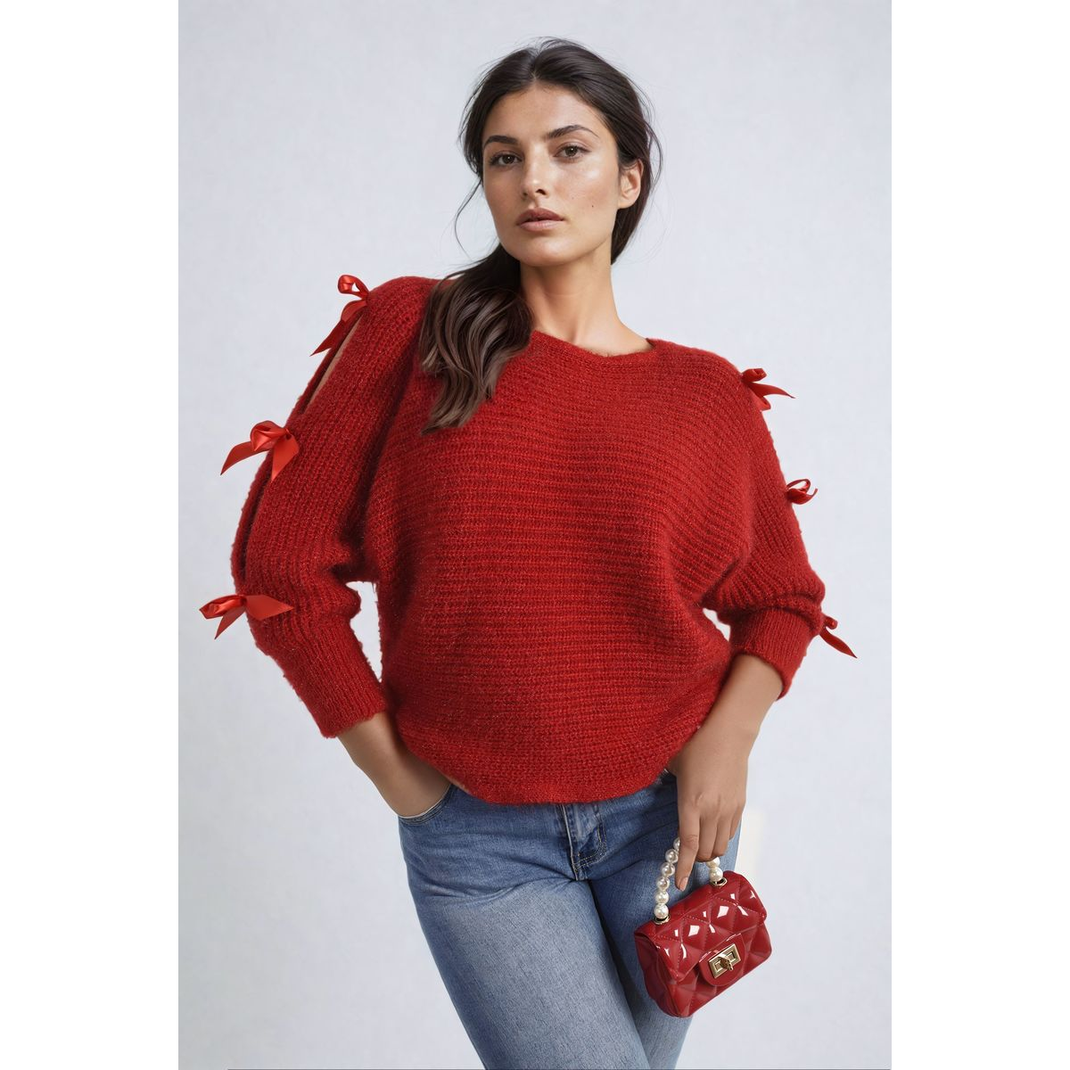 Cut Out Tie Bow Sleeve Detail Chunky Knitted Top