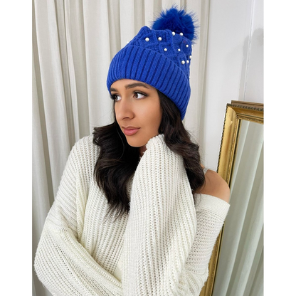 Pom Pom Knitted Winter Hat With Pearl Decor