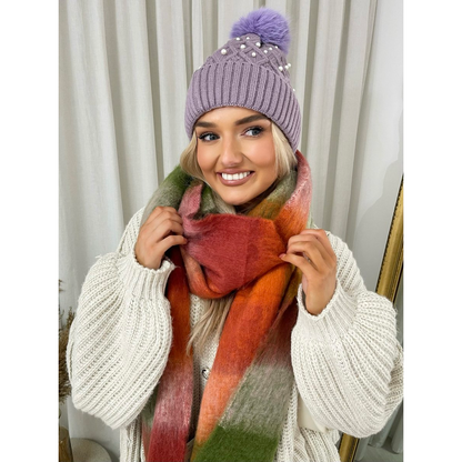 Pom Pom Knitted Winter Hat With Pearl Decor