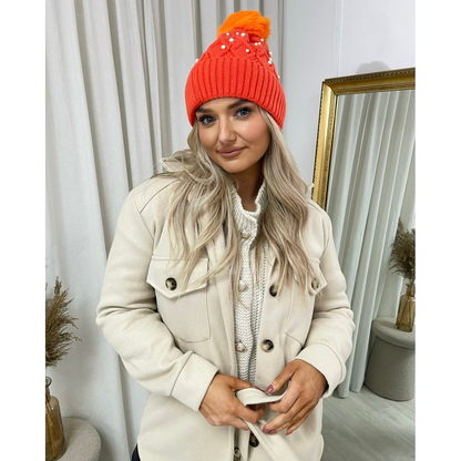Pom Pom Knitted Winter Hat With Pearl Decor