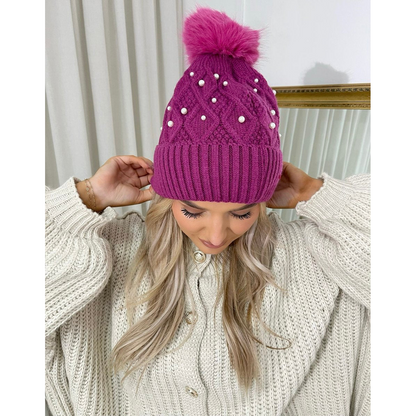 Pom Pom Knitted Winter Hat With Pearl Decor