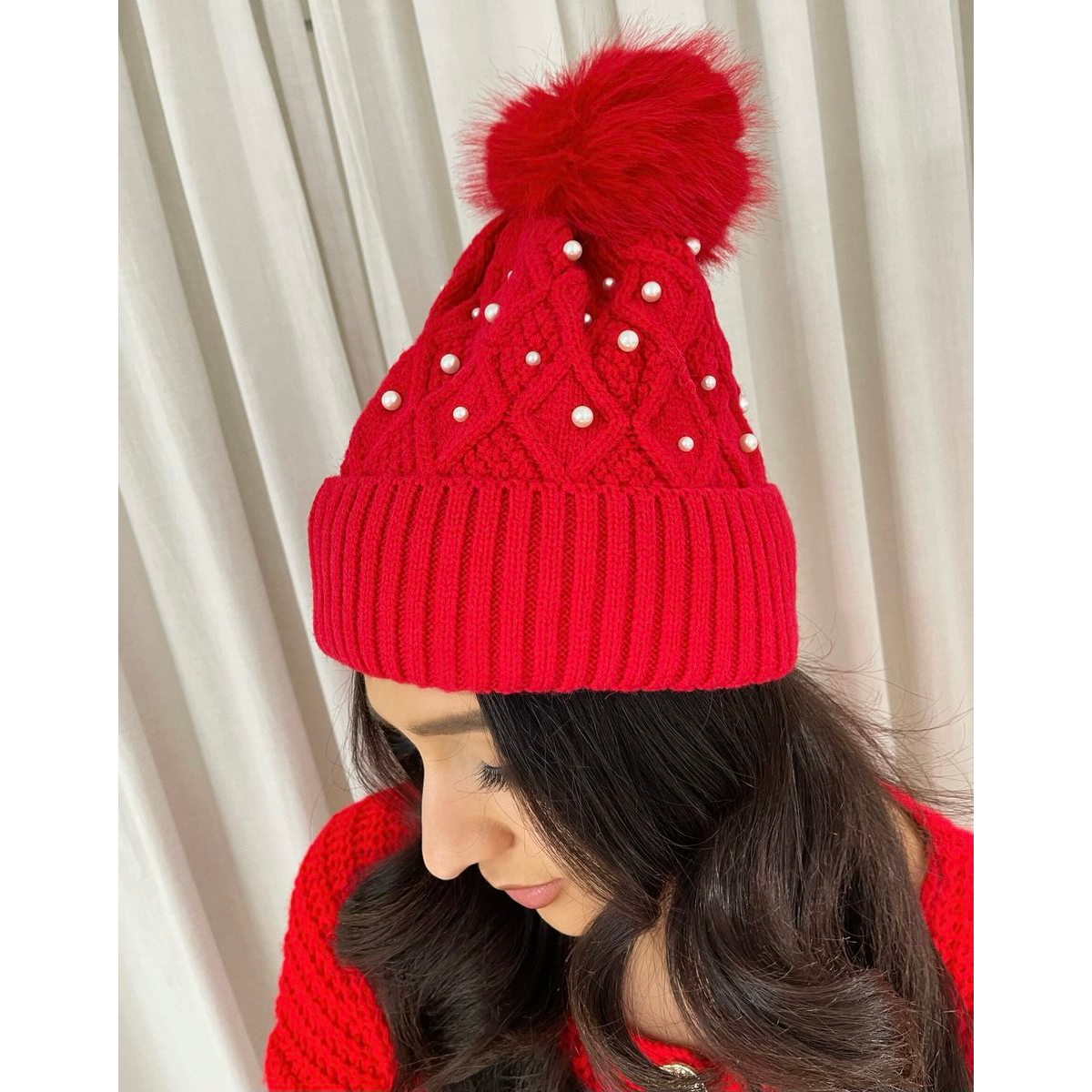Pom Pom Knitted Winter Hat With Pearl Decor