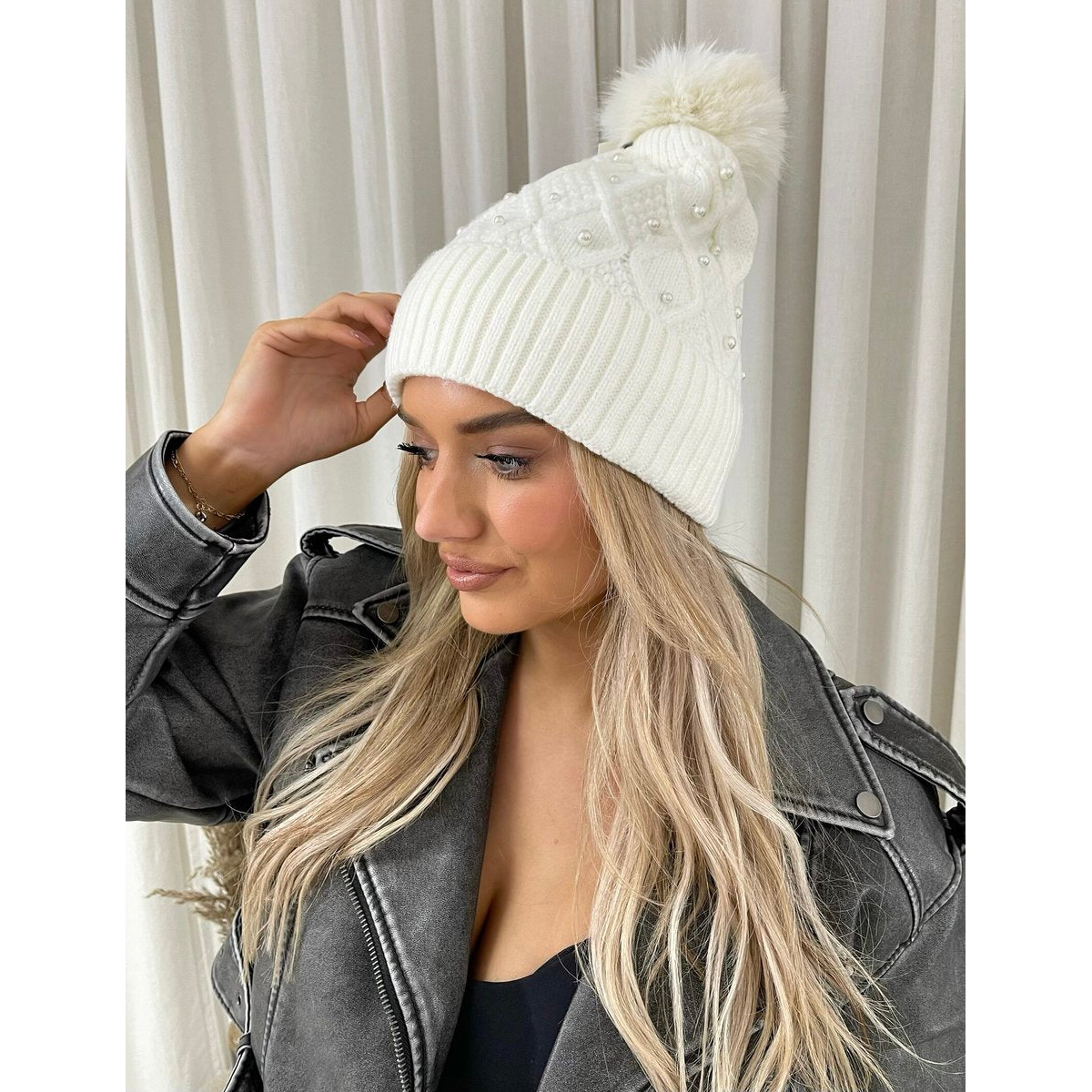 Pom Pom Knitted Winter Hat With Pearl Decor