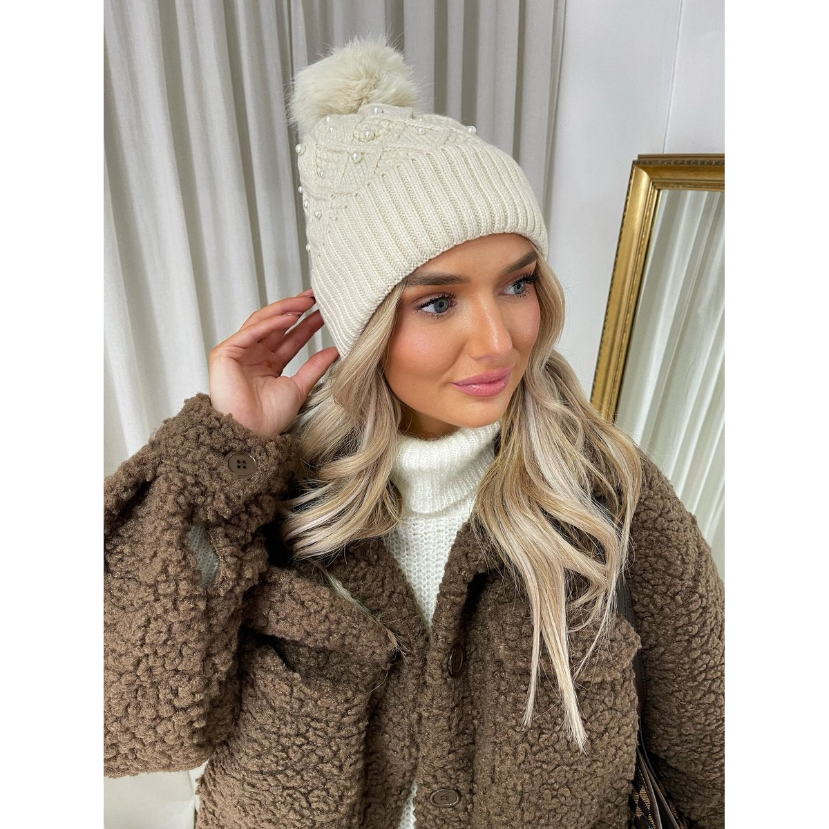 Pom Pom Knitted Winter Hat With Pearl Decor