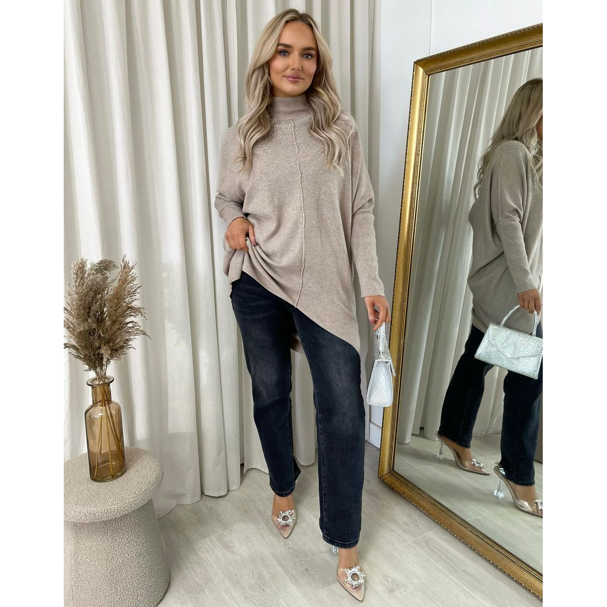 Rhinestone Detail Oversized Knitted Jumper